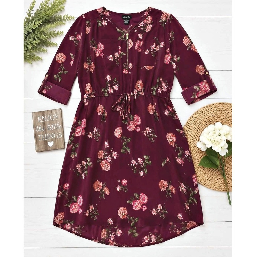Justify Women's XL Burgundy Floral Zip Front Shift Dress 3/4 Roll Tab Sleeves